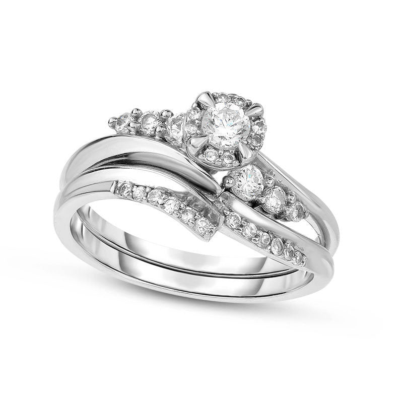 Image of ID 1 050 CT TW Natural Diamond Contour Bypass Bridal Engagement Ring Set in Solid 14K White Gold