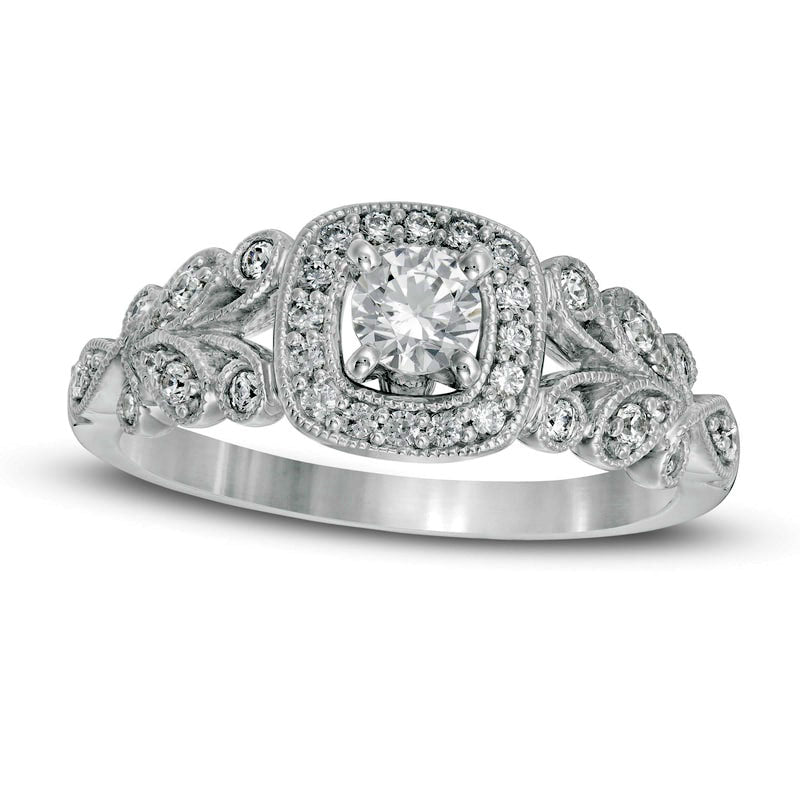 Image of ID 1 050 CT TW Natural Diamond Cushion Frame Ornate Antique Vintage-Style Engagement Ring in Solid 10K White Gold