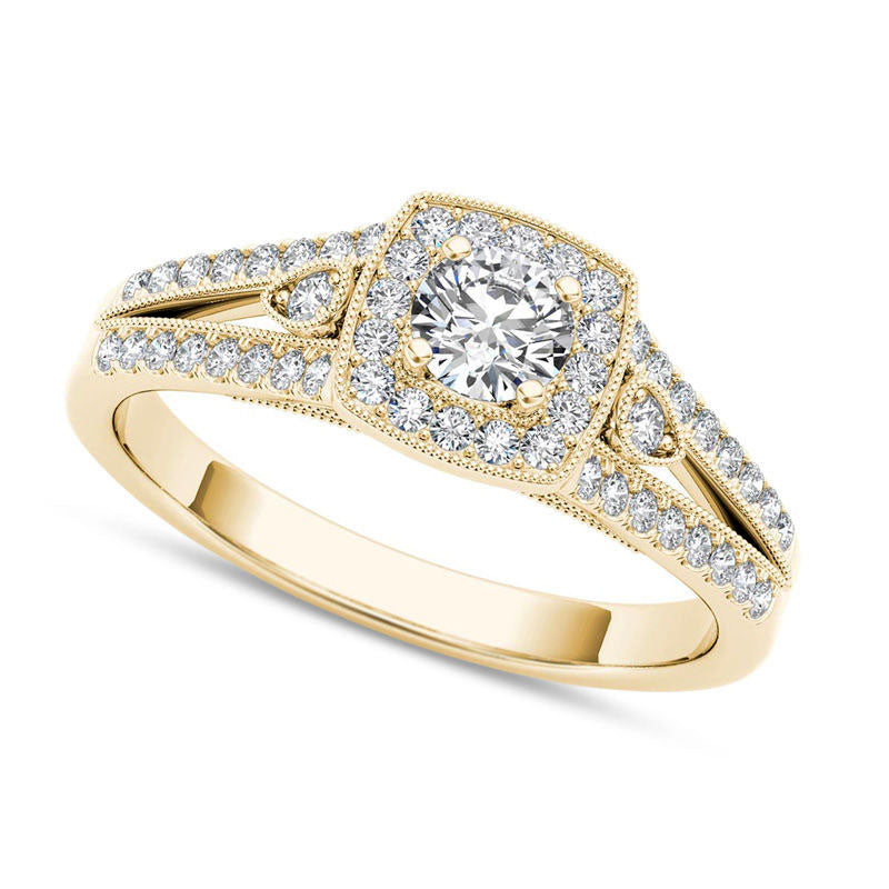 Image of ID 1 050 CT TW Natural Diamond Cushion Frame Split Shank Antique Vintage-Style Engagement Ring in Solid 14K Gold