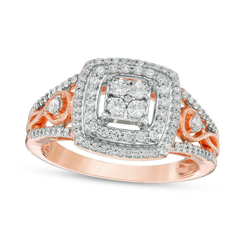 Image of ID 1 050 CT TW Natural Diamond Double Cushion Frame Twist Antique Vintage-Style Engagement Ring in Solid 10K Rose Gold