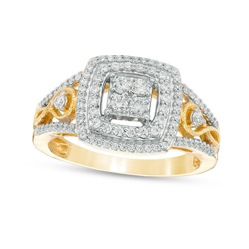 Image of ID 1 050 CT TW Natural Diamond Double Cushion Frame Twist Antique Vintage-Style Engagement Ring in Solid 10K Yellow Gold