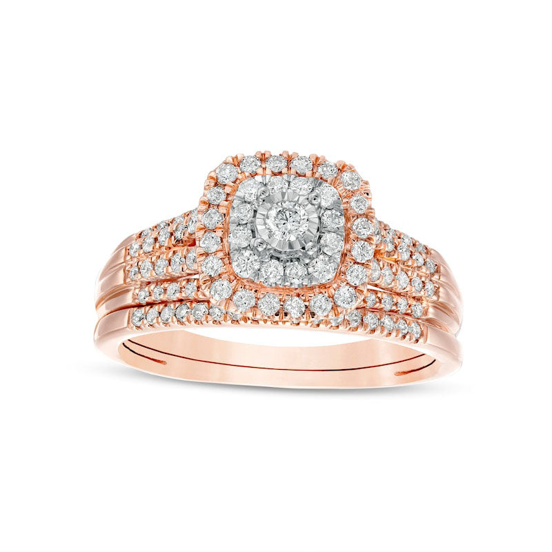 Image of ID 1 050 CT TW Natural Diamond Double Cushion-Shaped Multi-Row Bridal Engagement Ring Set in Solid 10K Rose Gold