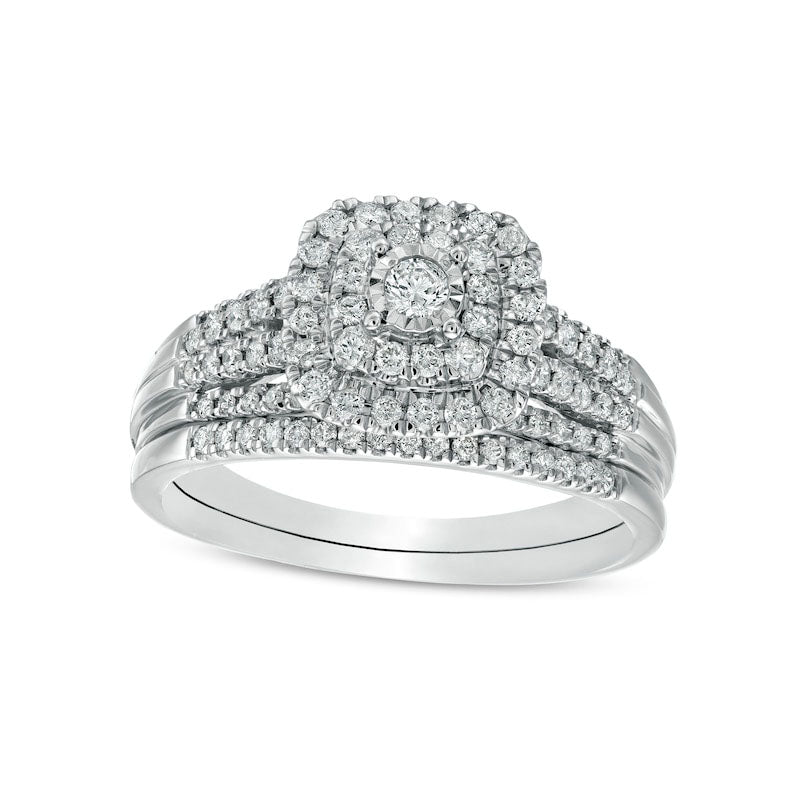 Image of ID 1 050 CT TW Natural Diamond Double Cushion-Shaped Multi-Row Bridal Engagement Ring Set in Solid 10K White Gold