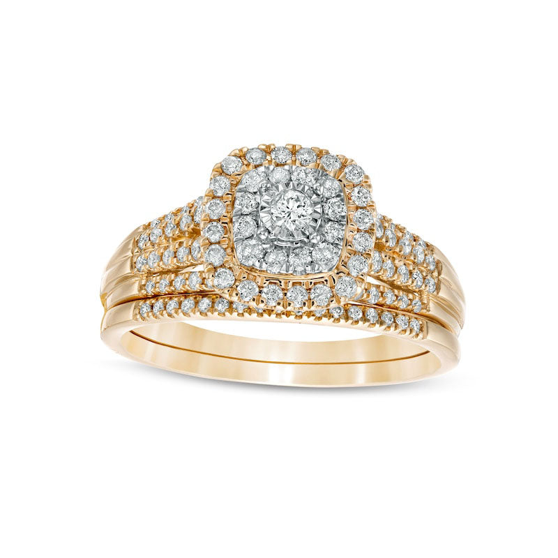 Image of ID 1 050 CT TW Natural Diamond Double Cushion-Shaped Multi-Row Bridal Engagement Ring Set in Solid 10K Yellow Gold