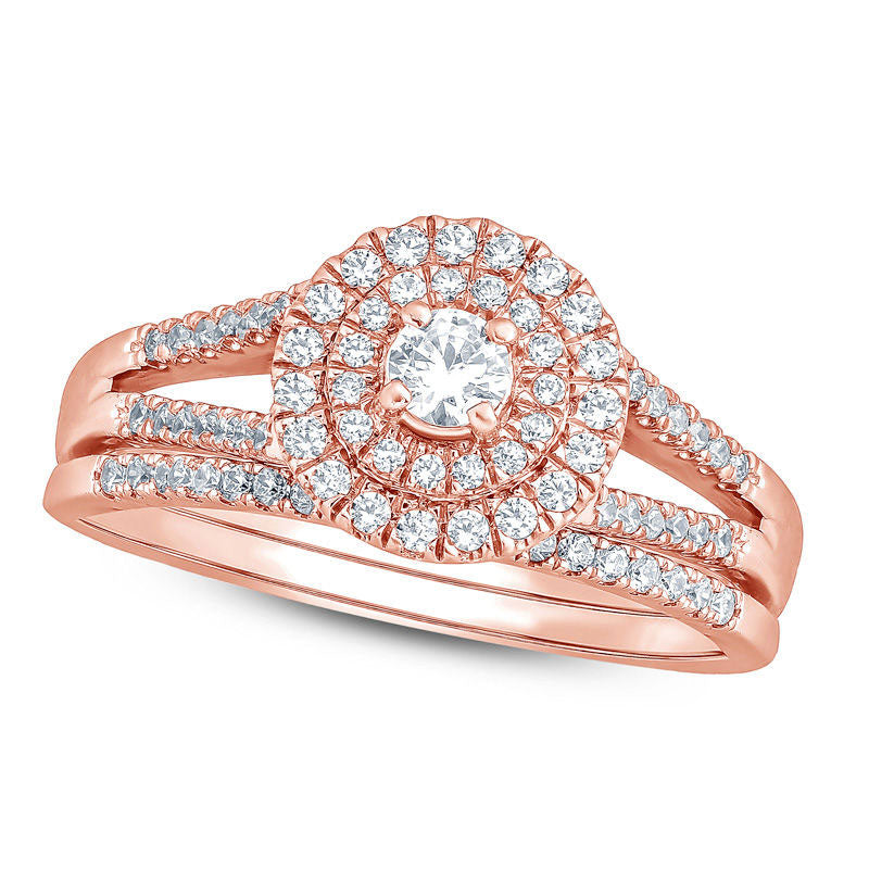 Image of ID 1 050 CT TW Natural Diamond Double Frame Bridal Engagement Ring Set in Solid 10K Rose Gold
