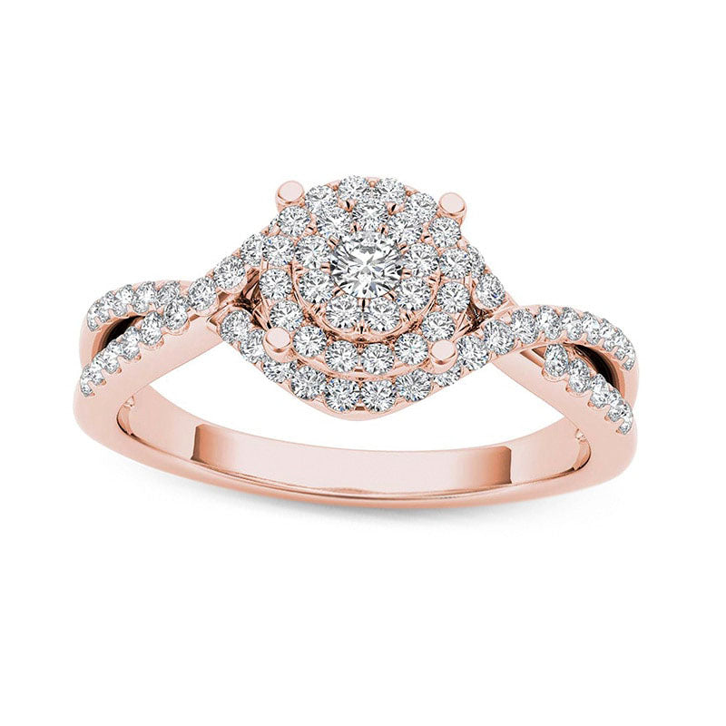 Image of ID 1 050 CT TW Natural Diamond Double Frame Crossover Engagement Ring in Solid 14K Rose Gold