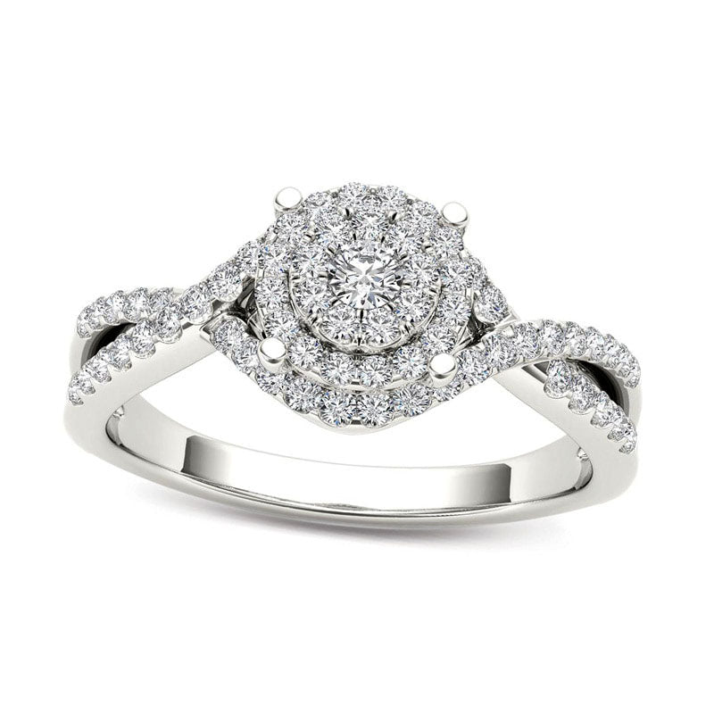 Image of ID 1 050 CT TW Natural Diamond Double Frame Crossover Engagement Ring in Solid 14K White Gold
