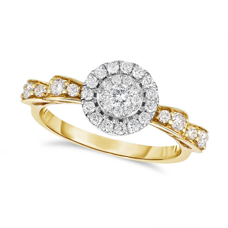 Image of ID 1 050 CT TW Natural Diamond Double Frame Ribbon Shank Engagement Ring in Solid 14K Two-Tone Gold