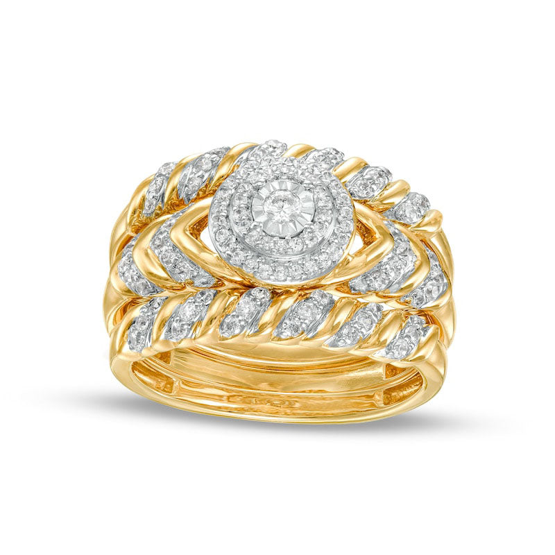 Image of ID 1 050 CT TW Natural Diamond Double Frame Spiral Three Piece Bridal Engagement Ring Set in Solid 10K Yellow Gold (J/I3)