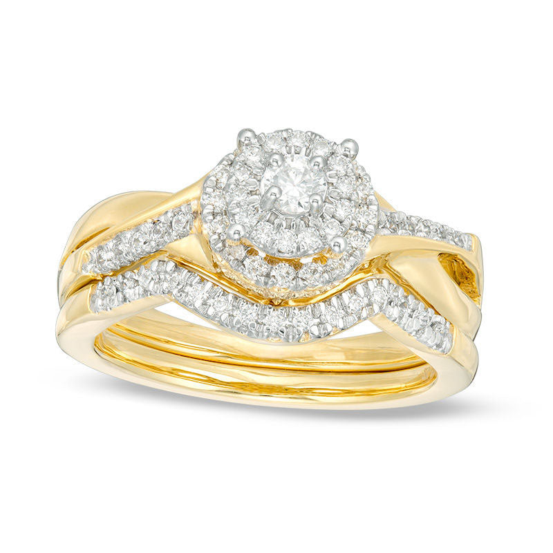 Image of ID 1 050 CT TW Natural Diamond Double Frame Twist Bridal Engagement Ring Set in Solid 10K Yellow Gold