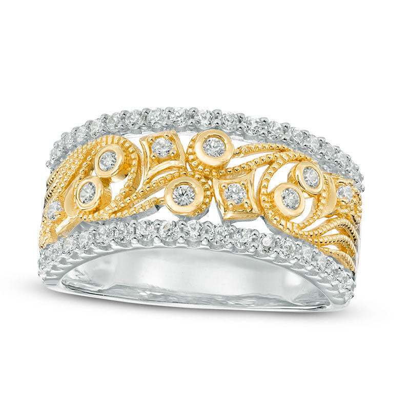 Image of ID 1 050 CT TW Natural Diamond Filigree Antique Vintage-Style Band in Solid 10K Two-Tone Gold