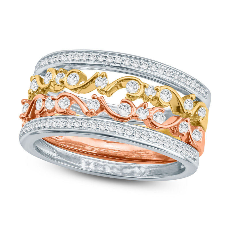 Image of ID 1 050 CT TW Natural Diamond Filigree Stackable Four Ring Set in Solid 10K Tri-Tone Gold