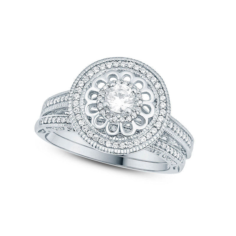 Image of ID 1 050 CT TW Natural Diamond Flower Antique Vintage-Style Bridal Engagement Ring Set in Solid 10K White Gold