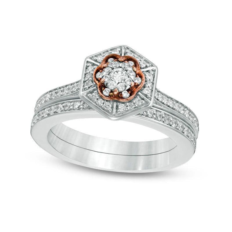 Image of ID 1 050 CT TW Natural Diamond Flower and Hexagon Frame Bridal Engagement Ring Set in Solid 10K Two-Tone Gold