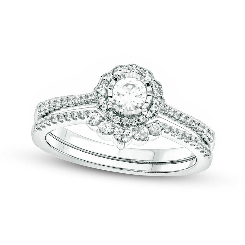 Image of ID 1 050 CT TW Natural Diamond Frame Antique Vintage-Style Flower Bridal Engagement Ring Set in Solid 10K White Gold (I/I2)