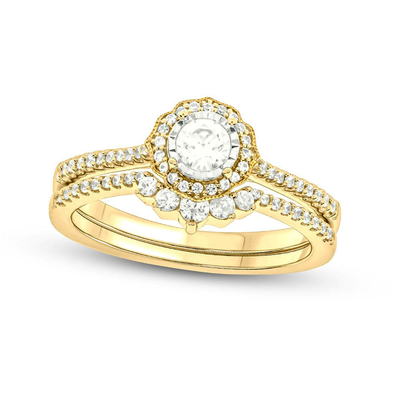 Image of ID 1 050 CT TW Natural Diamond Frame Antique Vintage-Style Flower Bridal Engagement Ring Set in Solid 10K Yellow Gold (I/I2)