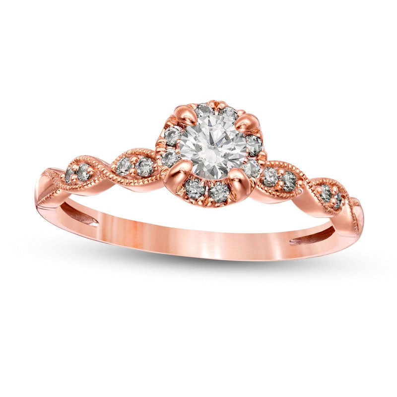 Image of ID 1 050 CT TW Natural Diamond Frame Scallop-Edge Antique Vintage-Style Engagement Ring in Solid 14K Rose Gold