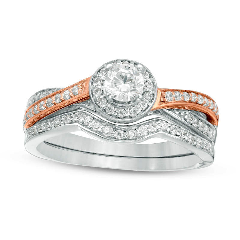 Image of ID 1 050 CT TW Natural Diamond Frame Twist Bridal Engagement Ring Set in Solid 10K Two-Tone Gold