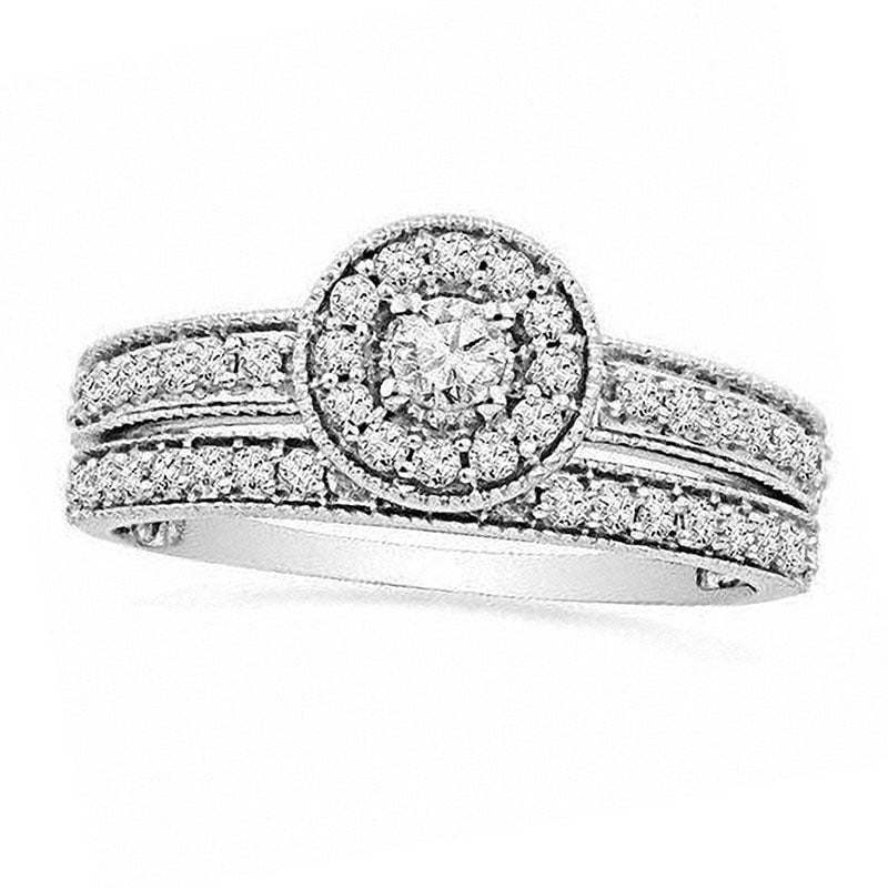 Image of ID 1 050 CT TW Natural Diamond Framed Bridal Engagement Ring Set in Solid 14K White Gold