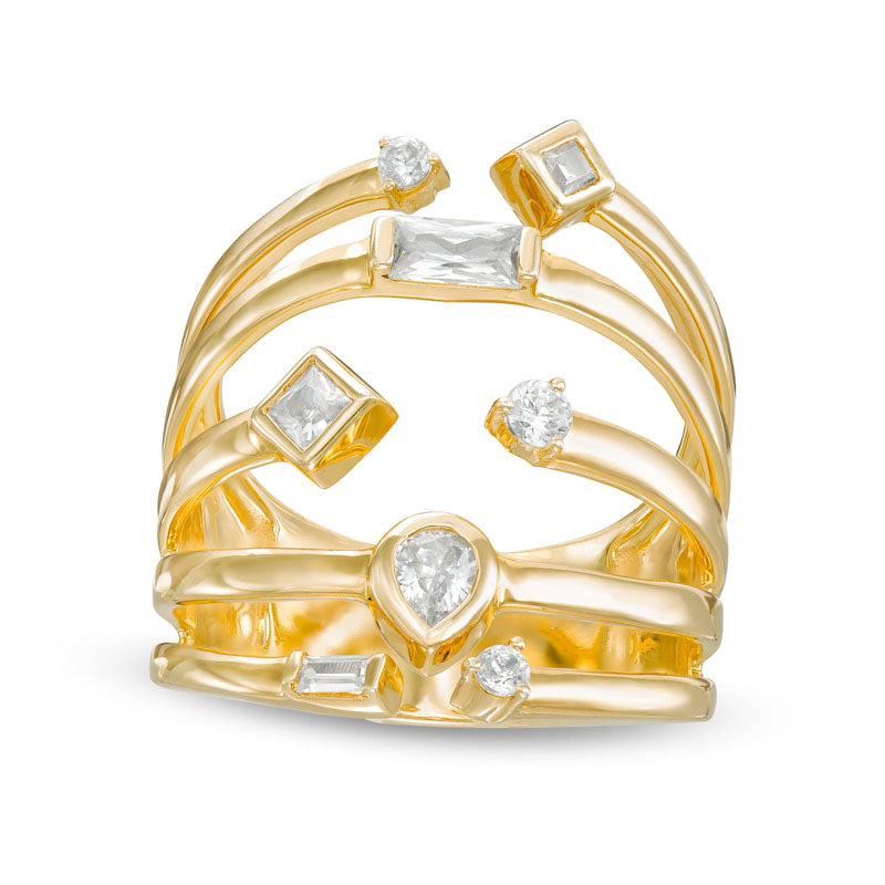 Image of ID 1 050 CT TW Natural Diamond Geometric Shapes Multi-Row Open Ring in Solid 10K Yellow Gold