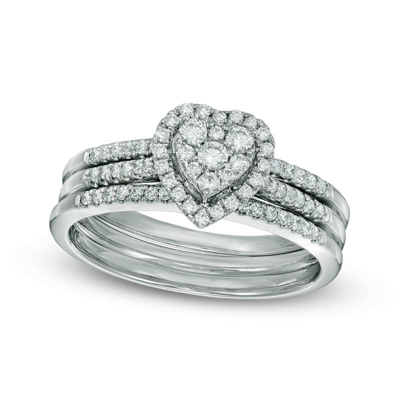Image of ID 1 050 CT TW Natural Diamond Heart Cluster Three Piece Bridal Engagement Ring Set in Solid 10K White Gold