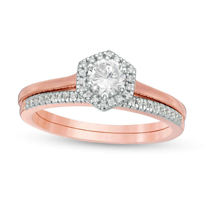 Image of ID 1 050 CT TW Natural Diamond Hexagonal Frame Bridal Engagement Ring Set in Solid 10K Rose Gold