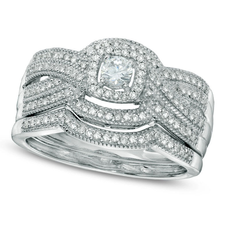 Image of ID 1 050 CT TW Natural Diamond Layered Antique Vintage-Style Frame Bridal Engagement Ring Set in Solid 14K White Gold