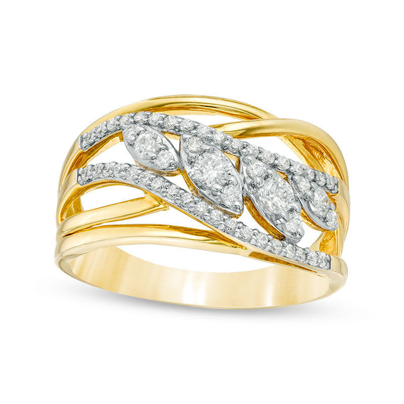 Image of ID 1 050 CT TW Natural Diamond Layered Crossover Leaf Ring in Solid 10K Yellow Gold