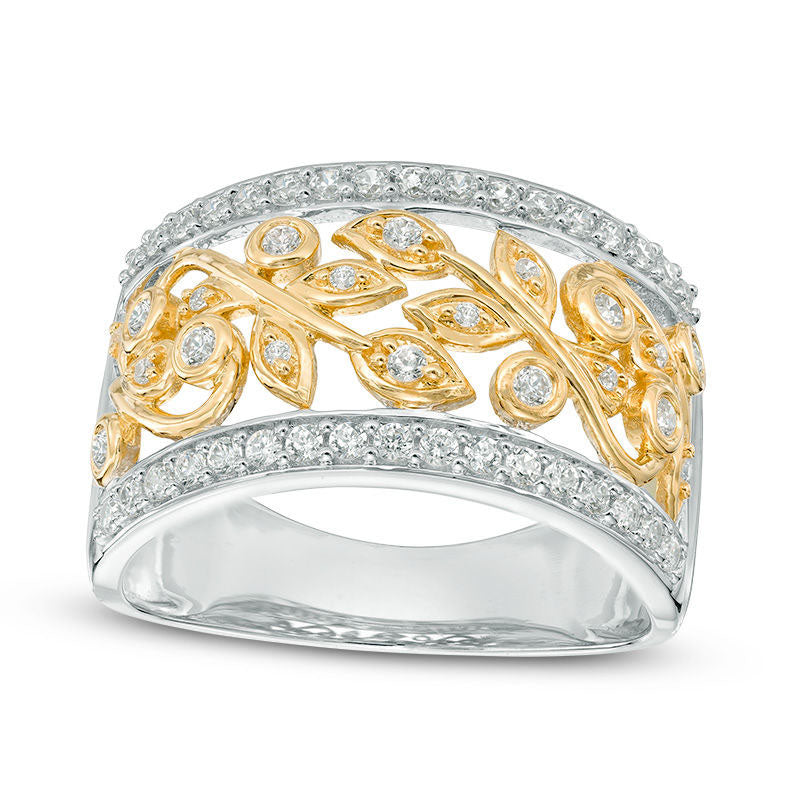 Image of ID 1 050 CT TW Natural Diamond Leaf Pattern Band in Solid 10K Two-Tone Gold