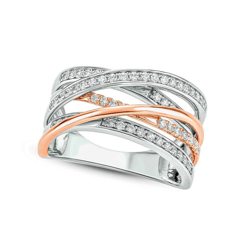 Image of ID 1 050 CT TW Natural Diamond Multi-Row Crossover Split Shank Ring in Solid 10K Two-Tone Gold