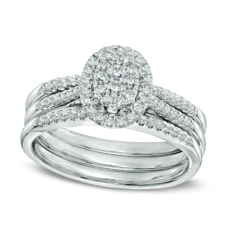 Image of ID 1 050 CT TW Natural Diamond Oval Cluster Bridal Engagement Ring Set in Solid 14K White Gold