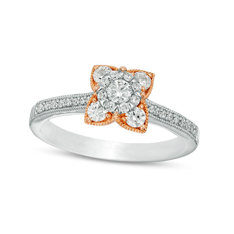Image of ID 1 050 CT TW Natural Diamond Petal Frame Antique Vintage-Style Engagement Ring in Solid 10K Two-Tone Gold