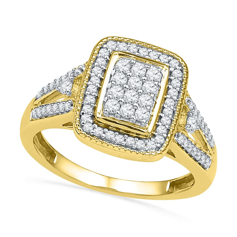 Image of ID 1 050 CT TW Natural Diamond Rectangular Cluster Frame Ring in Solid 10K Yellow Gold
