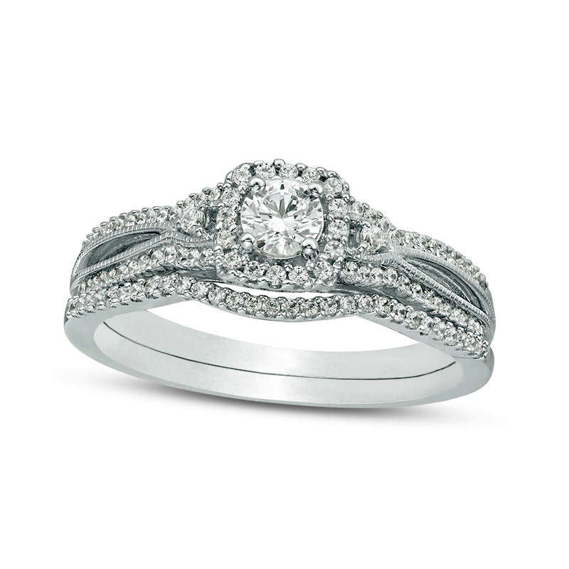 Image of ID 1 050 CT TW Natural Diamond Square Frame Antique Vintage-Style Bridal Engagement Ring Set in Solid 10K White Gold