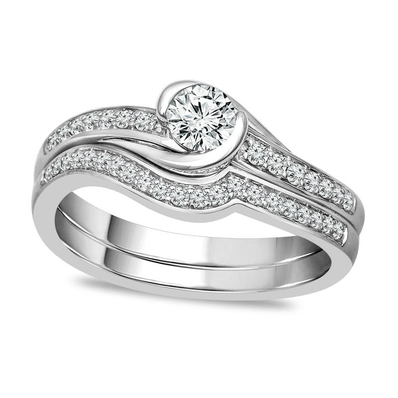 Image of ID 1 050 CT TW Natural Diamond Swirl Bypass Bridal Engagement Ring Set in Solid 10K White Gold