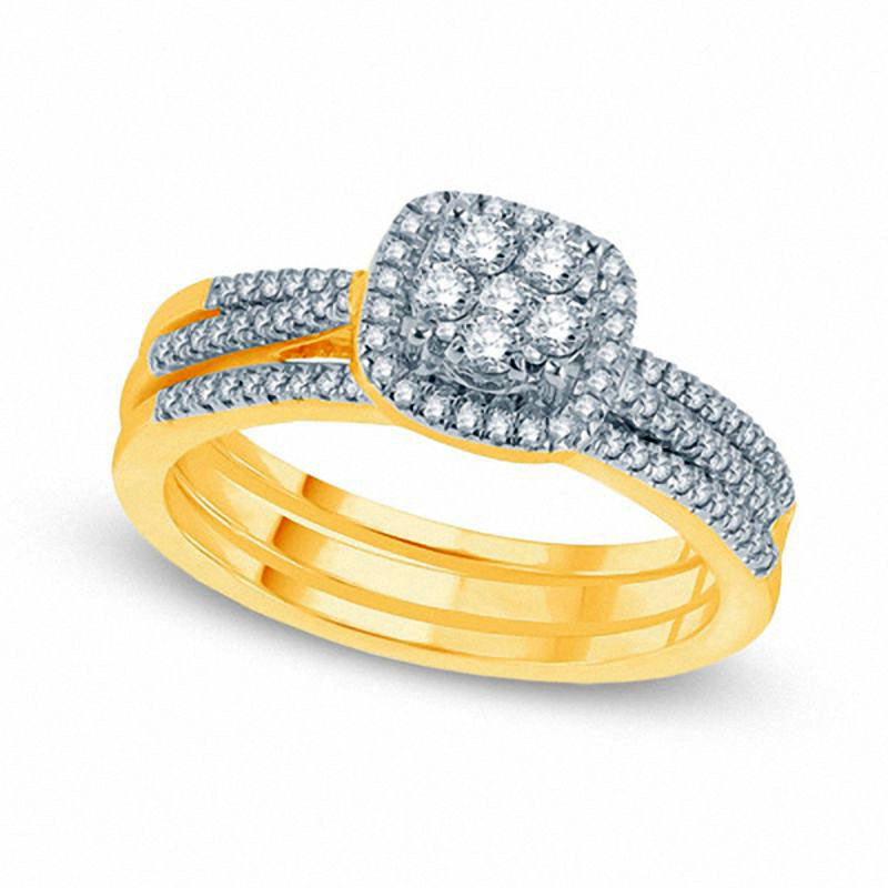 Image of ID 1 050 CT TW Natural Diamond Three Piece Bridal Engagement Ring Set in Solid 10K Yellow Gold
