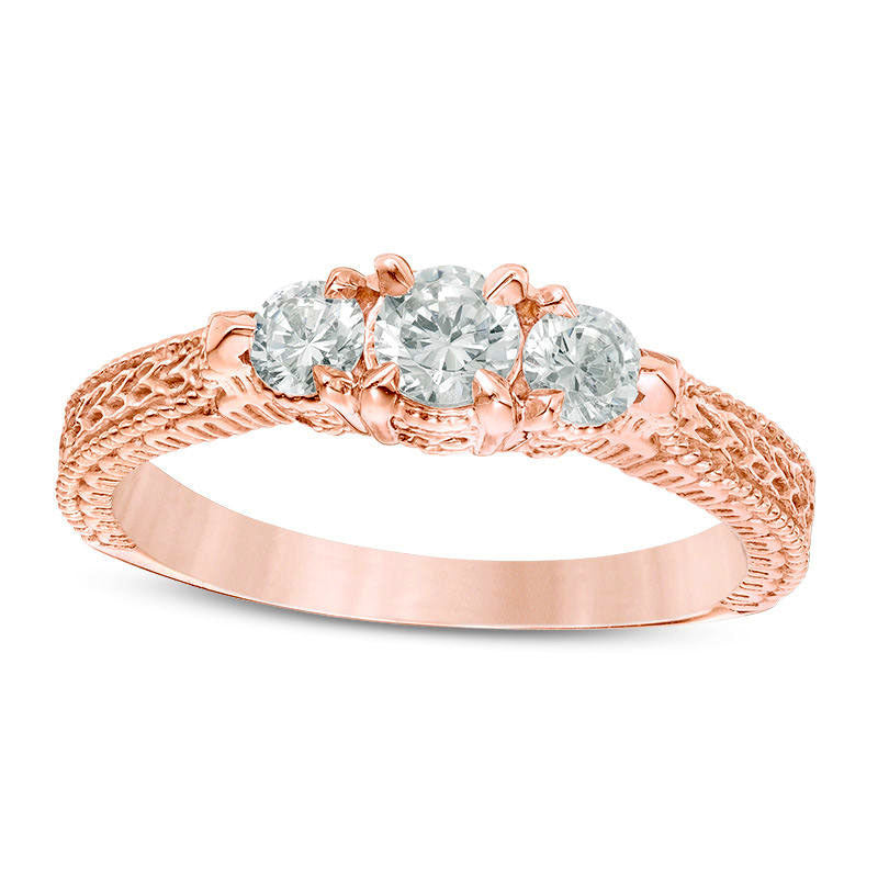 Image of ID 1 050 CT TW Natural Diamond Three Stone Antique Vintage-Style Engagement Ring in Solid 14K Rose Gold