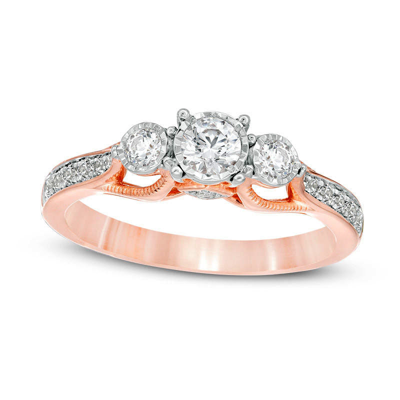 Image of ID 1 050 CT TW Natural Diamond Three Stone Antique Vintage-Style Engagement Ring in Solid 14K Rose Gold - Size 7