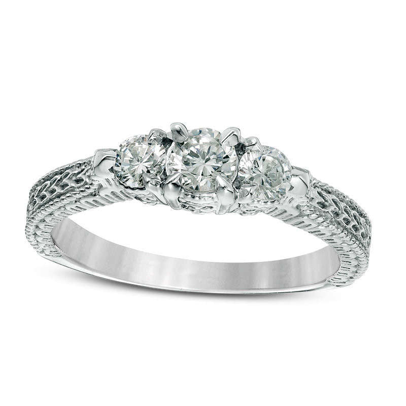 Image of ID 1 050 CT TW Natural Diamond Three Stone Antique Vintage-Style Engagement Ring in Solid 14K White Gold