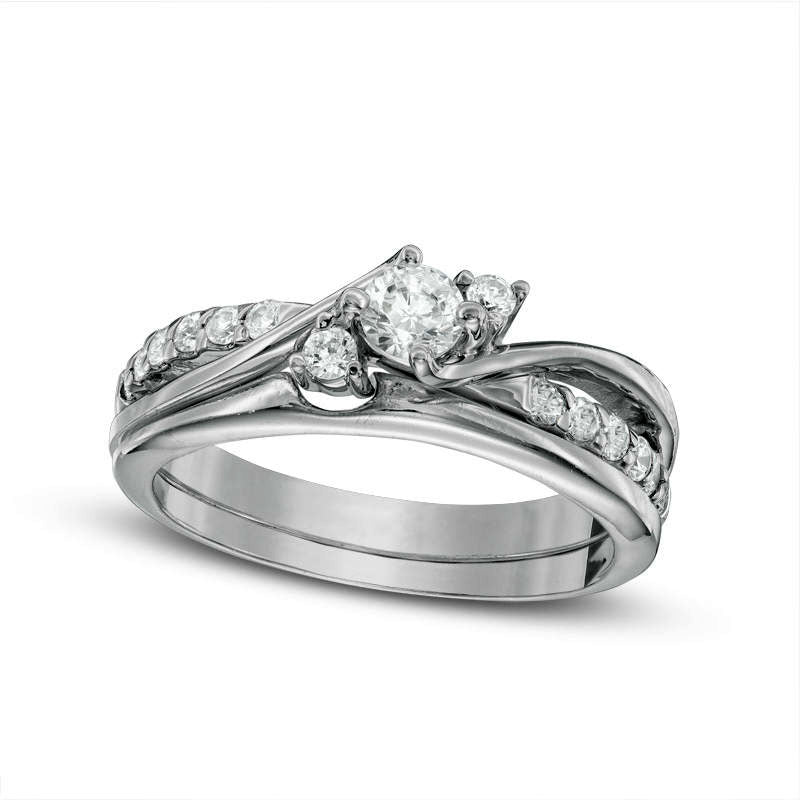 Image of ID 1 050 CT TW Natural Diamond Three Stone Bypass Bridal Engagement Ring Set in Solid 14K White Gold