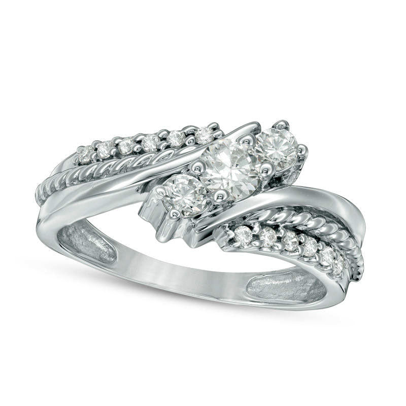 Image of ID 1 050 CT TW Natural Diamond Three Stone Bypass Ring in Solid 10K White Gold - Size 7