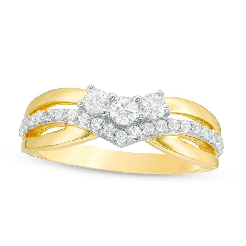 Image of ID 1 050 CT TW Natural Diamond Three Stone Chevron Ring in Solid 10K Yellow Gold