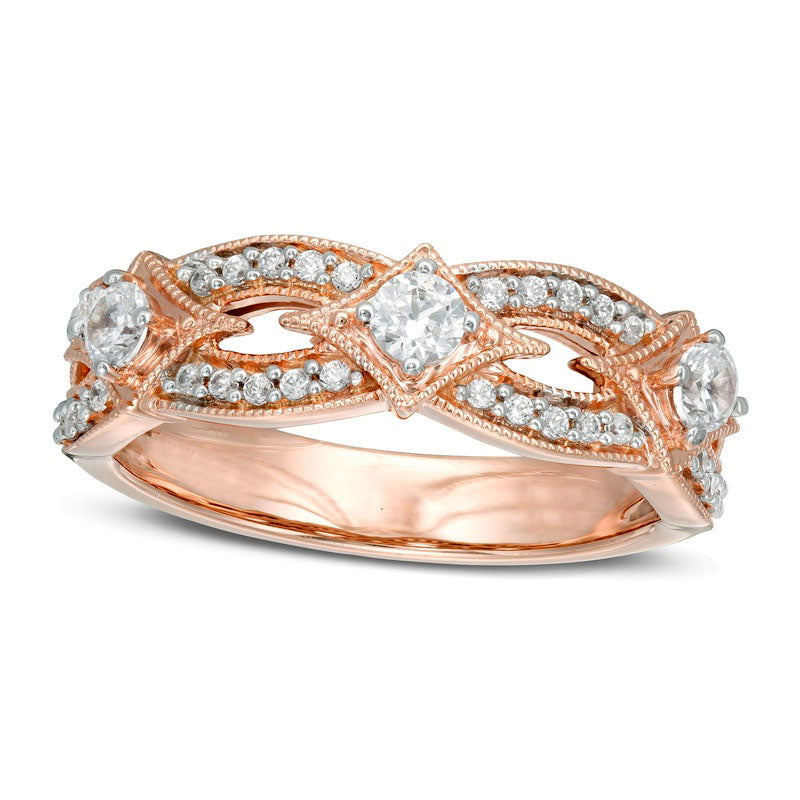 Image of ID 1 050 CT TW Natural Diamond Three Stone Contour Antique Vintage-Style Anniversary Band in Solid 14K Rose Gold