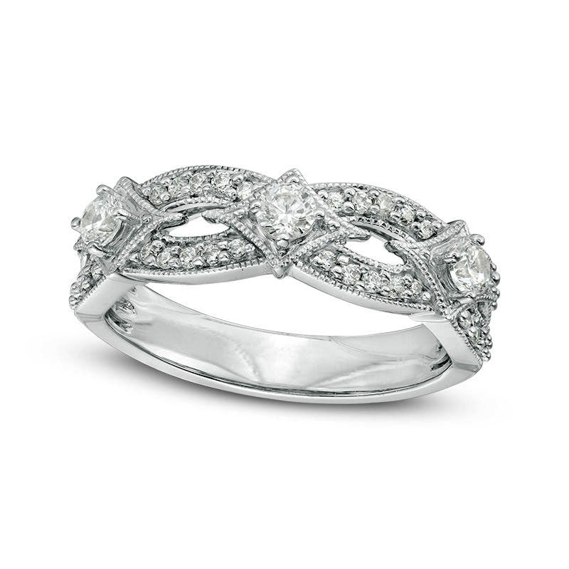 Image of ID 1 050 CT TW Natural Diamond Three Stone Contour Antique Vintage-Style Anniversary Band in Solid 14K White Gold