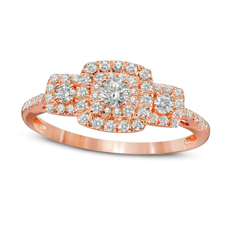 Image of ID 1 050 CT TW Natural Diamond Three Stone Cushion Frame Engagement Ring in Solid 10K Rose Gold