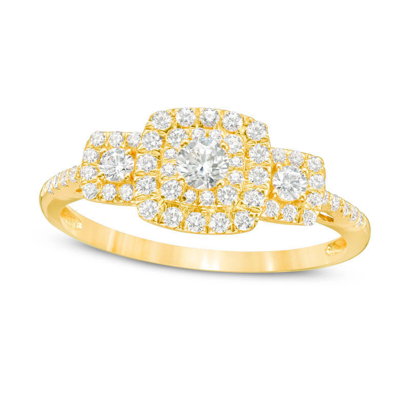 Image of ID 1 050 CT TW Natural Diamond Three Stone Cushion Frame Engagement Ring in Solid 10K Yellow Gold
