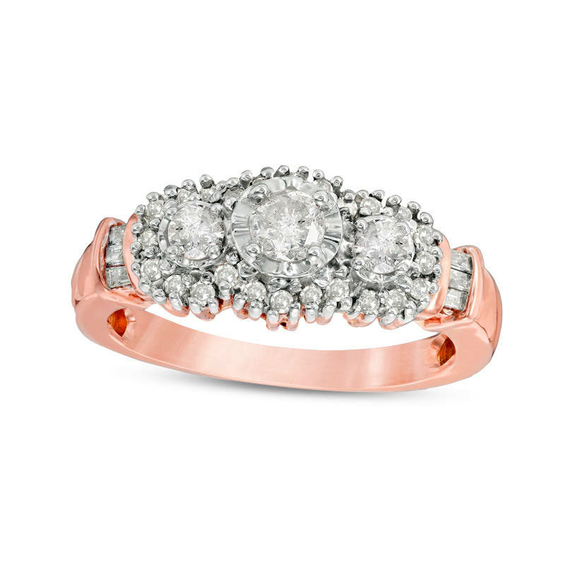 Image of ID 1 050 CT TW Natural Diamond Three Stone Frame Collar Engagement Ring in Solid 10K Rose Gold