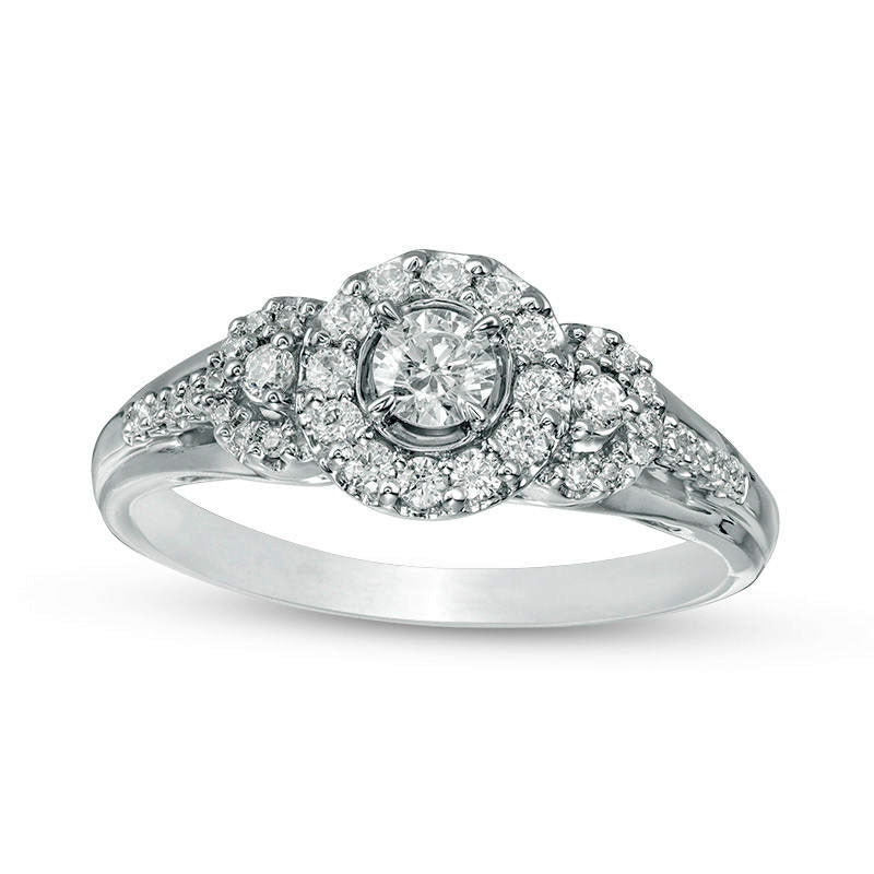 Image of ID 1 050 CT TW Natural Diamond Three Stone Frame Ring in Solid 14K White Gold
