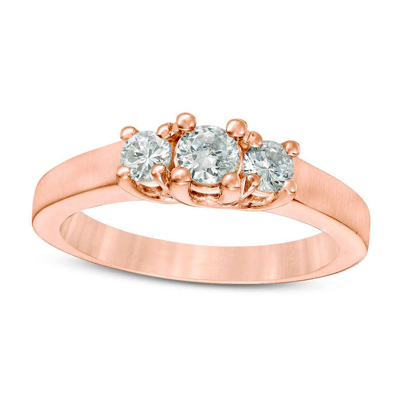 Image of ID 1 050 CT TW Natural Diamond Three Stone Satin-Finish Engagement Ring in Solid 14K Rose Gold