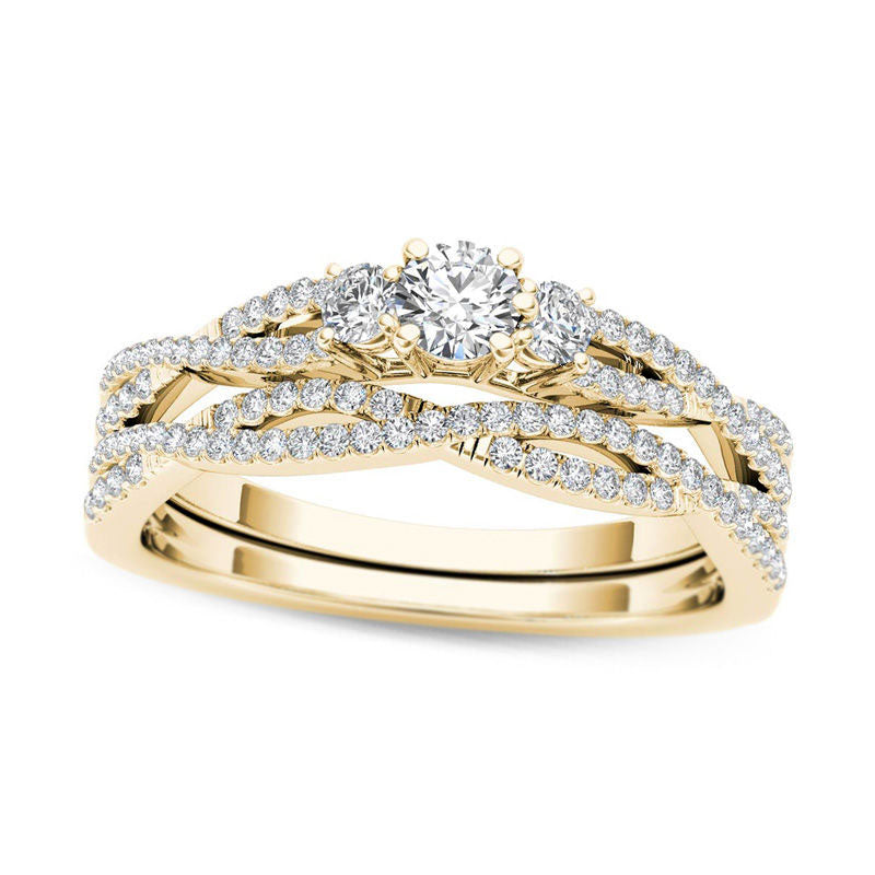 Image of ID 1 050 CT TW Natural Diamond Three Stone Twist Bridal Engagement Ring Set in Solid 14K Gold